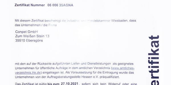 Zertifikat - conpet GmbH Bauunternehmen Zertifikat